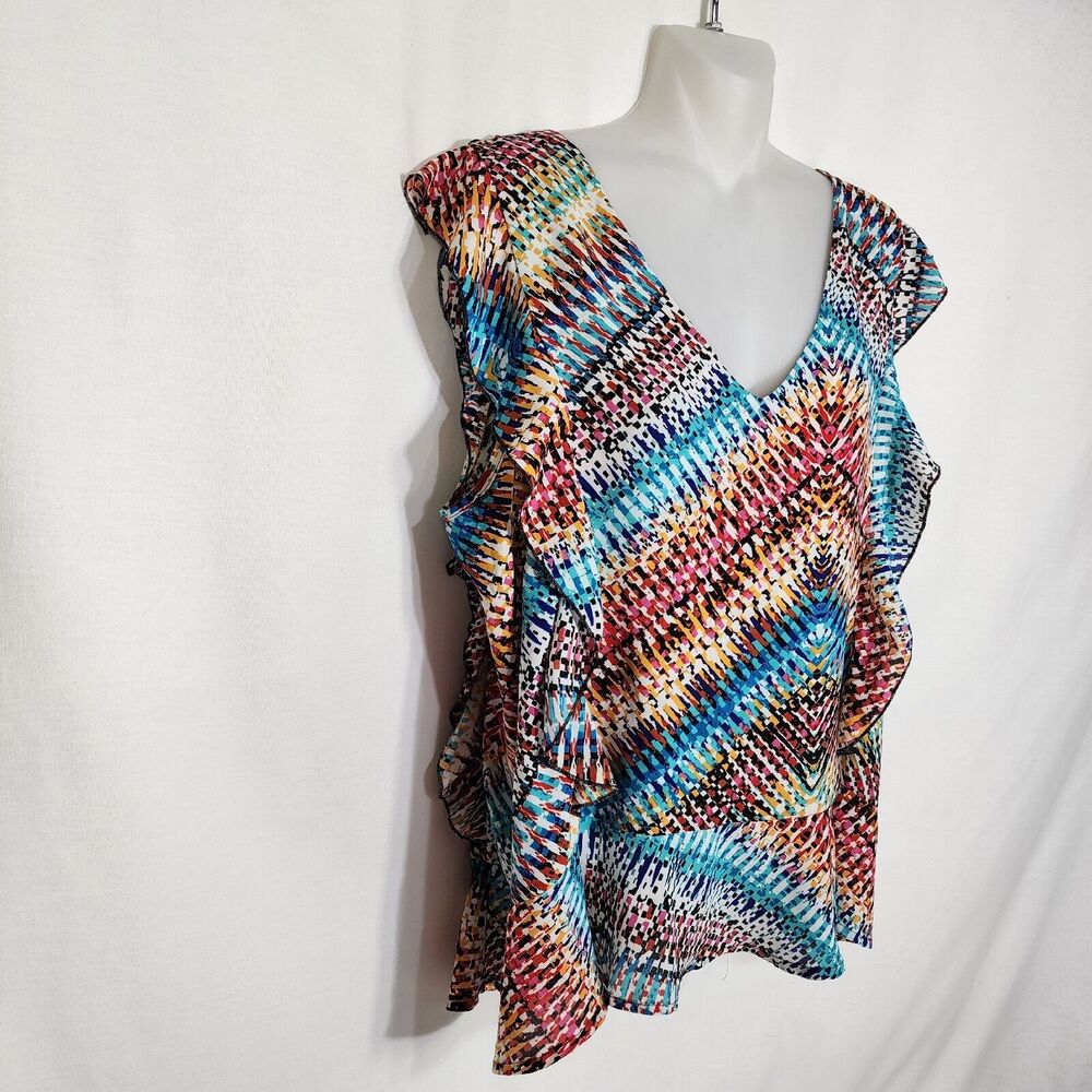 Spense Womens Top XL Multicolor Short Flutter Sleeve V Neck Retro Peplum Ruffles - Picture 4 of 10